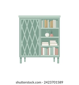 Mint bookcase icon. Home furniture. Apartment. Card. Decor. Lifestyle. Reading. Books. Plants. Vector illustration. Flat. 
