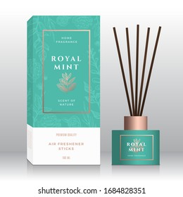 Mint Branch Home Fragrance Sticks Abstract Vector Label Box Template. Hand Drawn Sketch Flowers, Leaves Background. Retro Typography. Room Perfume Packaging Design Layout. Realistic Mockup. Isolated.