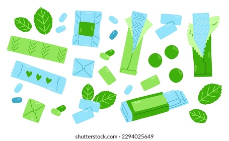 Mint bubble gum set. Isolated bubble gum in foil packages. Pads, balls and roll of blue and green colors.