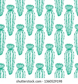 Mint Cactus Seamless Pattern. Vector Illustration of Tattoo Hand Drawn Sketch.