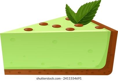 Mint cheesecake concept icon, peppermint with chocolate flavor, natural taste cartoon vector illustration, isolated on white. Pastry choco pie piece, tart flour confectionery product.