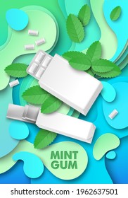 Mint chewing gum ads template, vector illustration. White blank pad and slab bubble gum package mockup, paper cut green mint leaves, falling bubblegums with peppermint flavour.