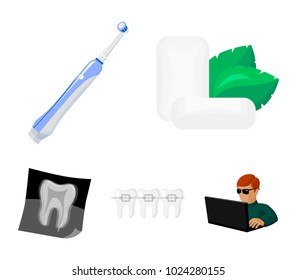 Mint chewing gum with mint leaves, toothbrush with bristles, bregettes with teeth, X-ray of the tooth. Dental care set collection icons in cartoon style vector symbol stock illustration web.