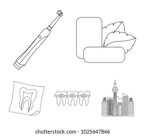 Mint chewing gum with mint leaves, toothbrush with bristles, bregettes with teeth, X-ray of the tooth. Dental care set collection icons in outline style vector symbol stock illustration web.