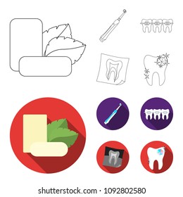 Mint chewing gum with mint leaves, toothbrush with bristles, bregettes with teeth, X-ray of the tooth. Dental care set collection icons in outline,flat style vector symbol stock illustration web.