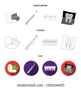 Mint chewing gum with mint leaves, toothbrush with bristles, bregettes with teeth, X-ray of the tooth. Dental care set collection icons in flat,outline,monochrome style vector symbol stock