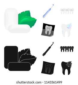 Mint chewing gum with mint leaves, toothbrush with bristles, bregettes with teeth, X-ray of the tooth. Dental care set collection icons in cartoon,black style vector symbol stock illustration web.