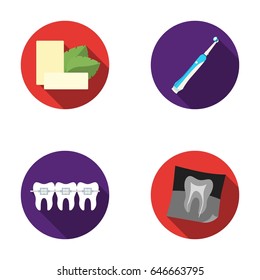 Mint chewing gum with mint leaves, toothbrush with bristles, bregettes with teeth, X-ray of the tooth. Dental care set collection icons in flat style vector symbol stock illustration web.