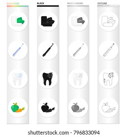 Mint chewing gum, a mechanical toothbrush for dental care, a healthy tooth, healthy vegetables. Dental care set collection icons in cartoon black monochrome outline style vector symbol stock