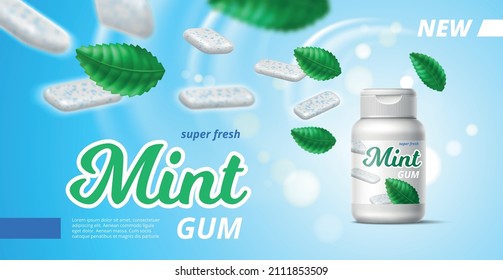 Mint chewing gum. Realistic green spearmint leaves and bubblegum pads with blue granules. Fresh breath. Jar packaging design. Dental care menthol chewy candies. Vector