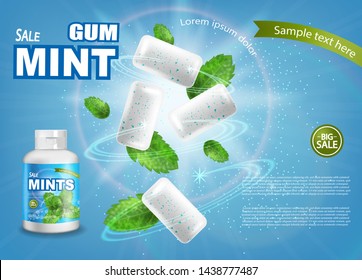 Mint chewing gum Vector realistic. Fresh flavor mock up. Product placement detailed label design. 3d illustration