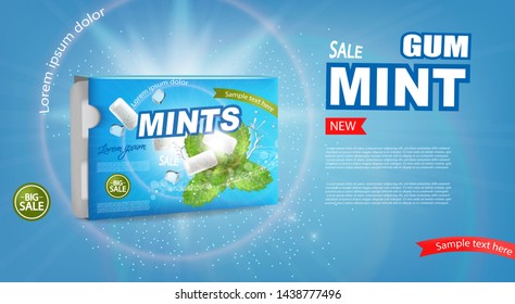 Mint chewing gum Vector realistic. Fresh flavor mock up. Product placement detailed label design. 3d illustration