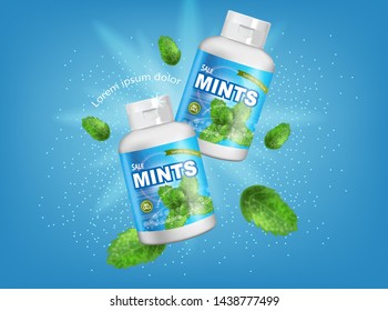 Mint chewing gum Vector realistic. Fresh flavor mock up. Product placement detailed label design. 3d illustration