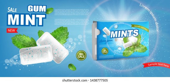Mint chewing gum Vector realistic. Fresh flavor mock up. Product placement detailed label design. 3d illustration