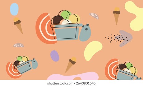 Mint chip and vanilla cones with fun abstract shapes on blue background. Ideal for fresh dessert designs and playful promotional artwork.
