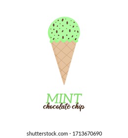 Mint chocolate chip ice cream vector illustration. Sweet dairy or vegan mint with chocolate chips flavored ice cream in waffle cone. Isolated.  