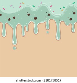 Mint Chocolate Chip Ice cream melted with colorful candy sprinkles, banner, poster, background 