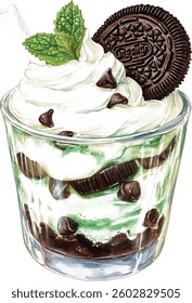 Mint Chocolate Dessert Parfait - Whipped Cream and Cookies vector illustration
