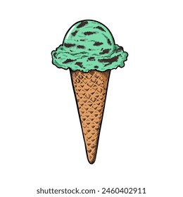 Mint chocolate ice cream with cone, Homemade mint chocolate chip, Mint choc chip ice cream cones hand drawn