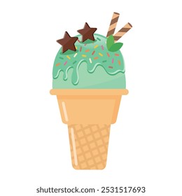Mint chocolate ice cream cone with wafer rolls vector illustration. Sweet dessert.