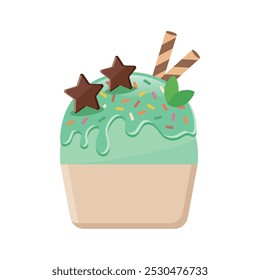 Mint chocolate ice cream with wafer rolls vector illustration. Sweet dessert.