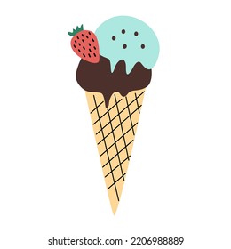 Mint and chocolate ice cream waffle cone with strawberry in a hand-drawn flat style. Cute vector illustration isolated on a white background