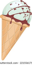 Mint chocolate ice cream waffle cone cartoon icon