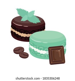 Mint and chocolate macaroon, mint, and a slice of chocolate coffee beans. Vector, white background, isolated.