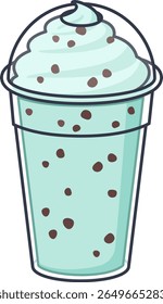 Menta de chocolate milkshake em uma xícara sem palha, decorado com chantilly e pedaços de chocolate.