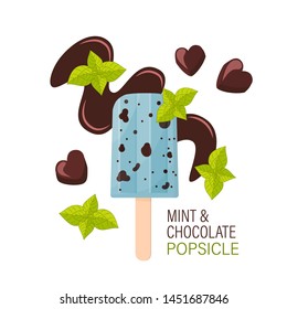 Mint and chocolate popsicle on chocolate spot with mint leaves. Flat vector illustration. Colorful poster.