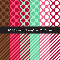 Mint, Chocolate With Raspberry And Strawberry Pinks Jumbo Polka Dot And Candy Stripe Seamless Patterns. Modern Christmas Background. Pattern Swatches Made With Global Colors. 