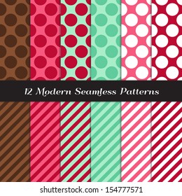 Mint, Chocolate with Raspberry and Strawberry Pinks Jumbo Polka Dot and Candy Stripe Seamless Patterns. Modern Christmas background. Pattern Swatches made with Global Colors. 