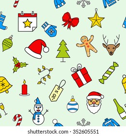 Mint Christmas seamless pattern made with outline icons in flat style. Abstract backgrounds. Backdrop mobile smart phone tablet desktop wallpaper banner web design element scrap booking textile