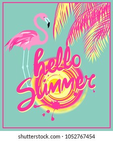 Mint color banner with hello summer hand drawing lettering, sun, pink palm leaves and flamingo. Art deco style