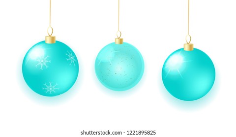 Mint color Christmas balls set isolated on white background. Realistic illustration. Vector. Good for Christmas cards, banners, winter holidays décor.