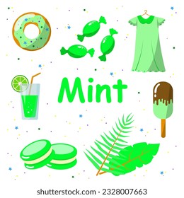 Mint color. Educational card for children. Flashcard for kids. Exploring color. Vector illustration