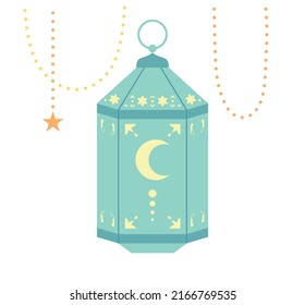 Mint color lantern and gold string with beautiful Arabic patterns. flat design style vector illustration.