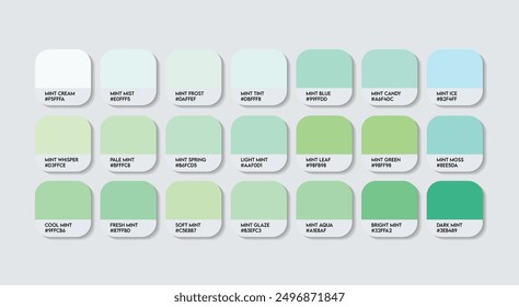 Mint Color Palette, Mint Color Guide Palette with Color Names. Catalog Samples of Light Green with RGB HEX codes and Names. Green Colors Palette Vector, Fashion Trend Mint Green Color shade tones