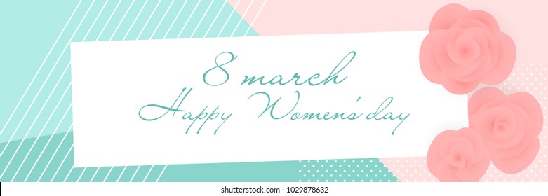 Mint color rose bud vector greeting card design. 8 march happy women's day - mother's day. International halftone vintage spring floral origami illustration. Paper blossom border. Woman day banner.