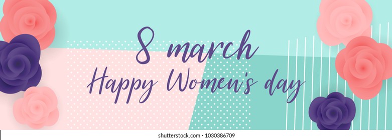 Mint color rose bud vector greeting card design. 8 march happy women's day top view. International halftone vintage spring floral origami illustration. Paper blossom border. Woman day banner.