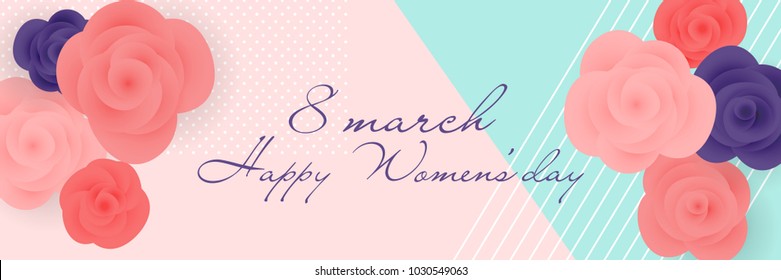 Mint color rose bud vector greeting card design. 8 march happy women's day top view. International halftone vintage spring floral origami illustration. Paper blossom border. Woman day banner.