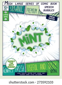 Mint. Colorful explosion with mint leaves, ice, water splashes and clouds of smoke in comic style. Realistic pop art speech bubble