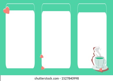 Mint coral  menu with a cup of tea. Three section frame. With hearts and love