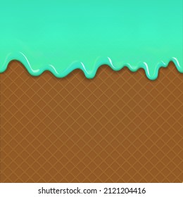 Mint cream on wafer background. Cream Melted on Chocolate Wafer dessert.