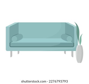 Mint divan sofa with plant. Simple. Flat. Icon. Furniture. Interior. Green leaves in a vase. White backdrop. Vector texture. Cartoon illustration.