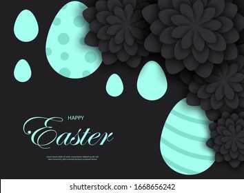Mint easter egg with holiday greeting - Vector illustration. Happy easter greeting card. Mint paper cut flowers with mint frames, holiday background. Vector easter Minimalist black illustration
