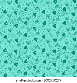 Mint elements seamless pattern. Fish skeletons on a light green background. Vector in the style of cartoons. Fish with water bubbles. Suitable for textiles and packaging.