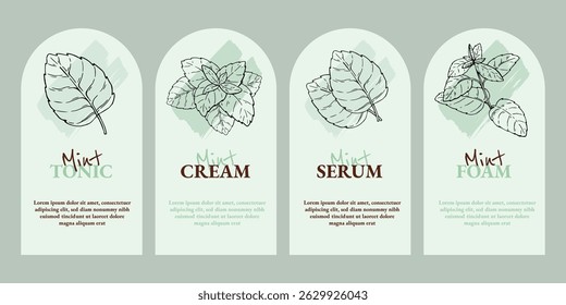 Mint emblem design template set. Natural cosmetics ingredient. Hand drawn ink sketch plant from package design. Ecology concept in beauty industry. Vector clip art