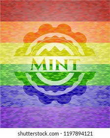 Mint emblem on mosaic background with the colors of the LGBT flag