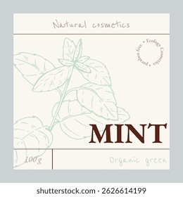 Mint emblem template. Natural cosmetics ingredient. Hand drawn ink sketch plant from package design. Ecology concept in beauty industry. Vector illustration.